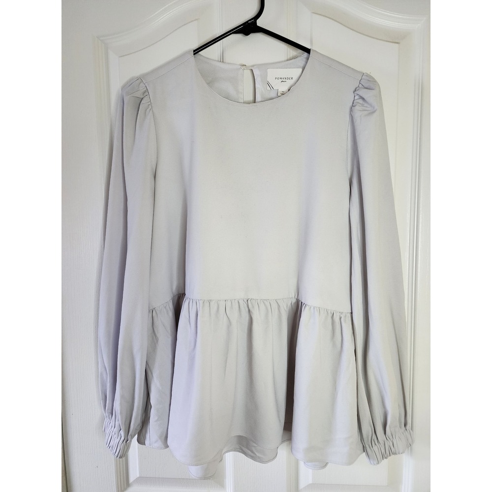 Pomander Place Womens Light Gray Puff Sleeve Peplum Blouse Top Size M